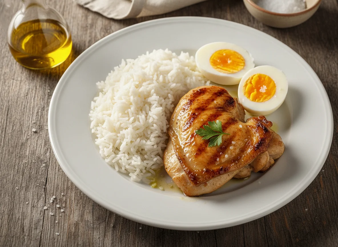 Pollo a la plancha con arroz blanco y huevos cocidos photo