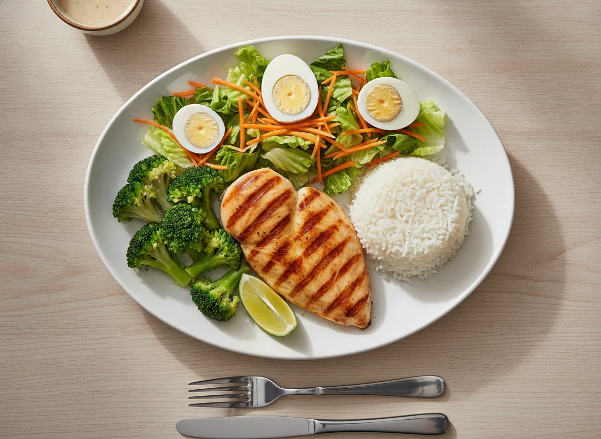 Pollo a la plancha con arroz, brócoli y ensalada photo