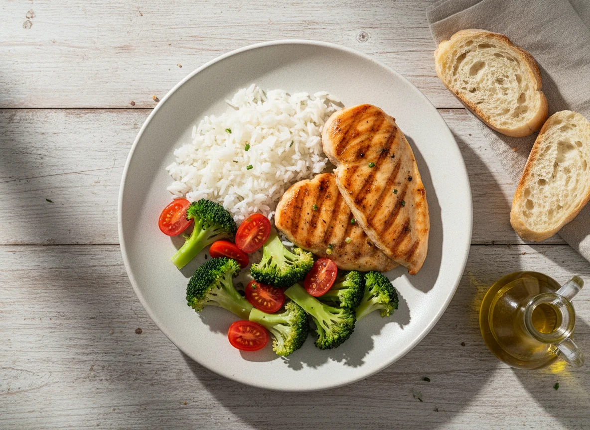 Pollo a la plancha con arroz, brócoli y tomates cherry photo