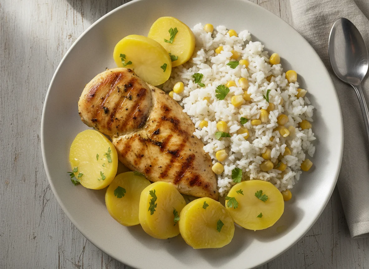 Pollo a la plancha con arroz con choclo y papa cocida photo