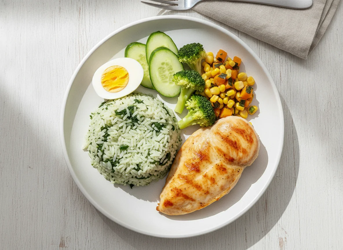 Pollo a la plancha con arroz con espinacas, huevo y vegetales photo