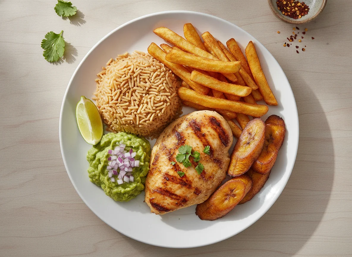 Pollo a la plancha con arroz de fideo, papas fritas y guacamole photo