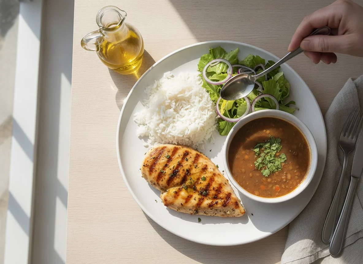 Pollo a la plancha con arroz, ensalada y sopa de lentejas photo