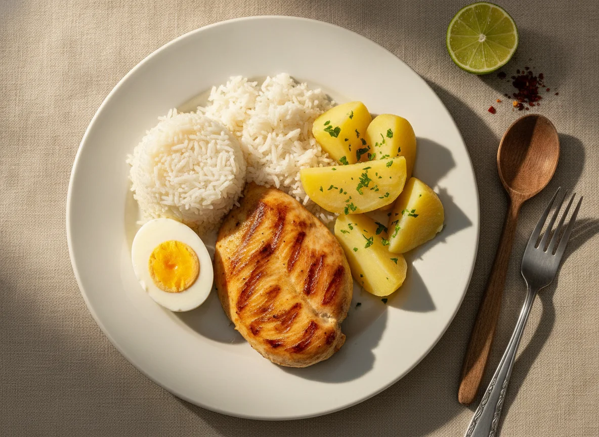 Pollo a la plancha con arroz, huevo y papa photo
