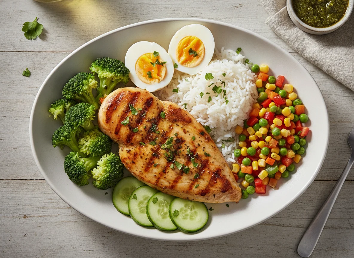 Pollo a la plancha con arroz, huevo y vegetales photo