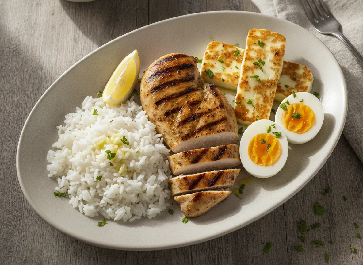 Pollo a la plancha con arroz, huevos cocidos y queso halloumi photo