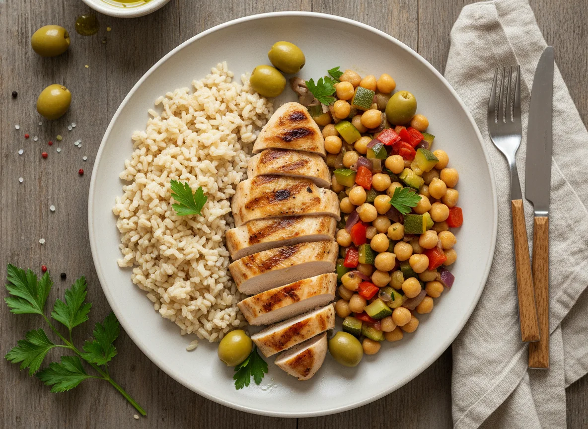 Pollo a la plancha con arroz integral, garbanzos y aceitunas photo