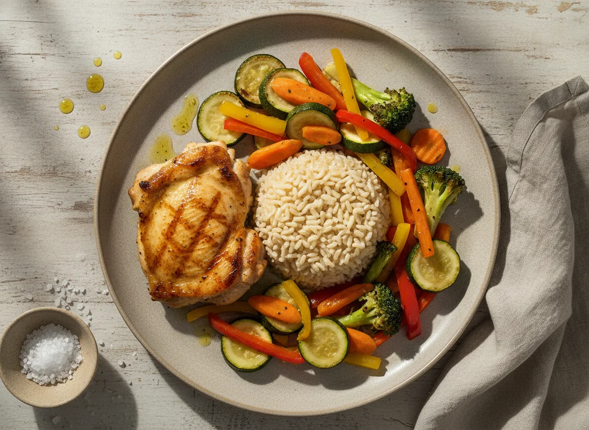 Pollo a la plancha con arroz integral y verduras salteadas photo
