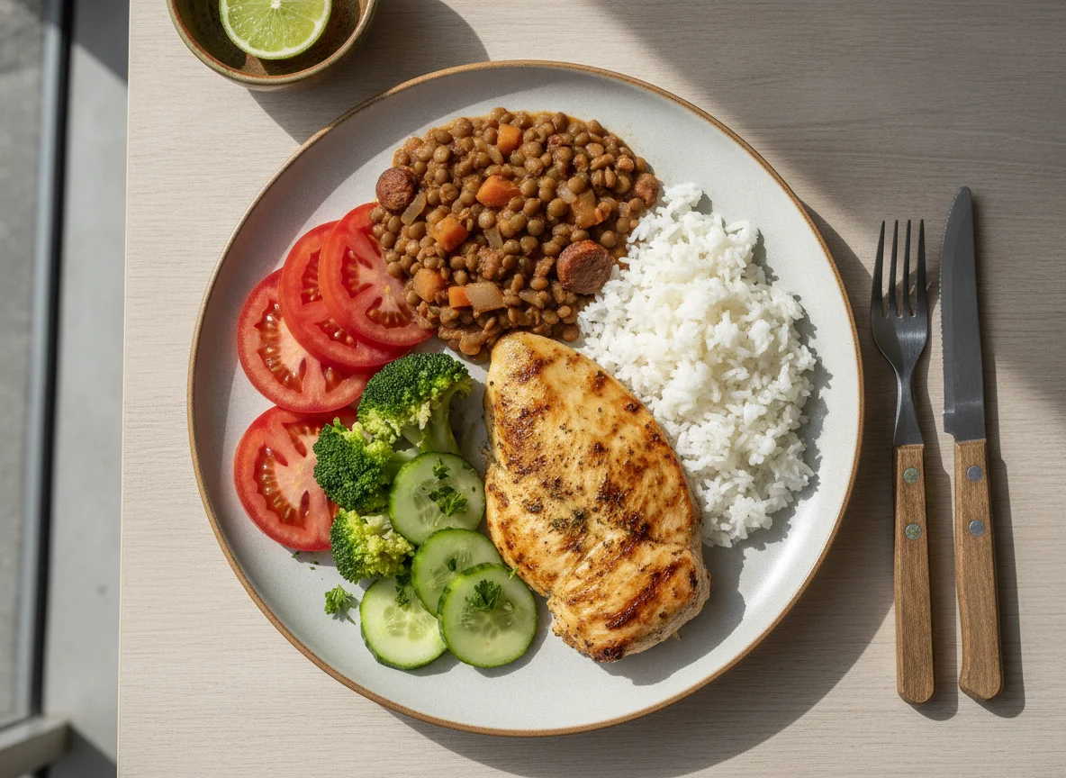 Pollo a la plancha con arroz, lentejas y ensalada photo