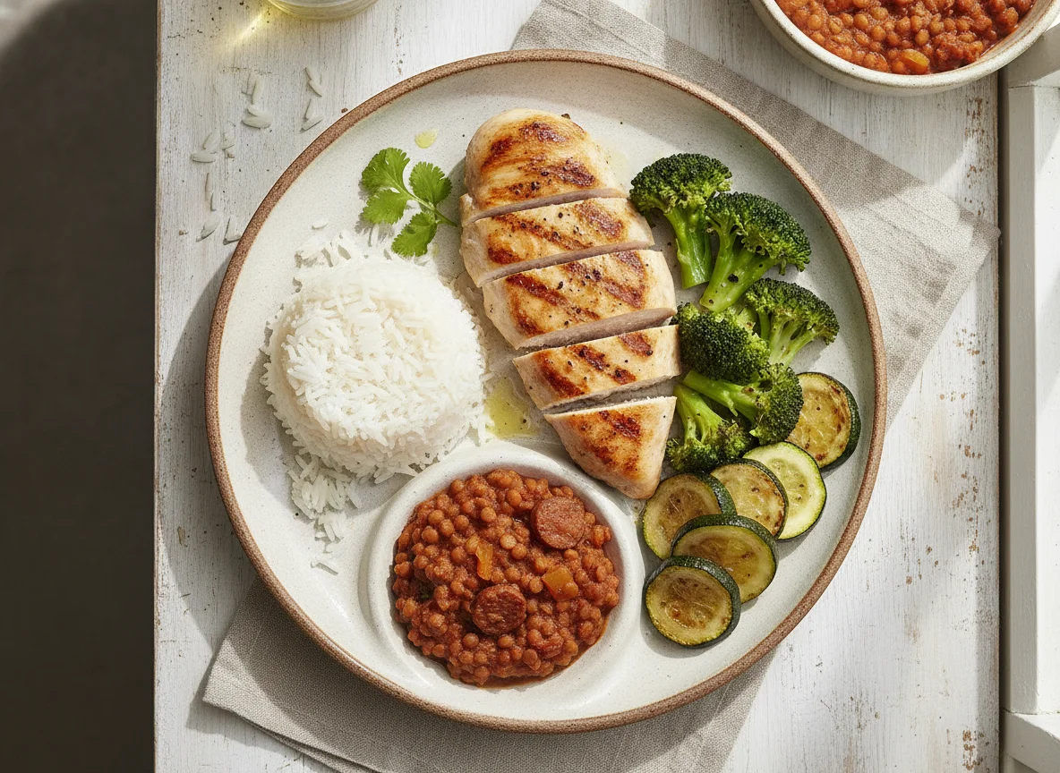 Pollo a la plancha con arroz, lentejas y vegetales photo