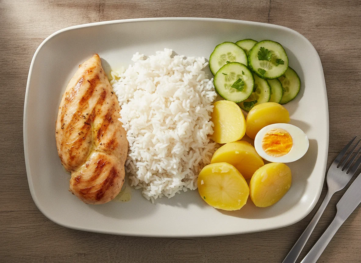 Pollo a la plancha con arroz, papa y huevo photo
