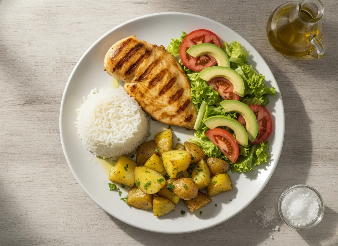 Pollo a la plancha con arroz, papas y ensalada mixta photo
