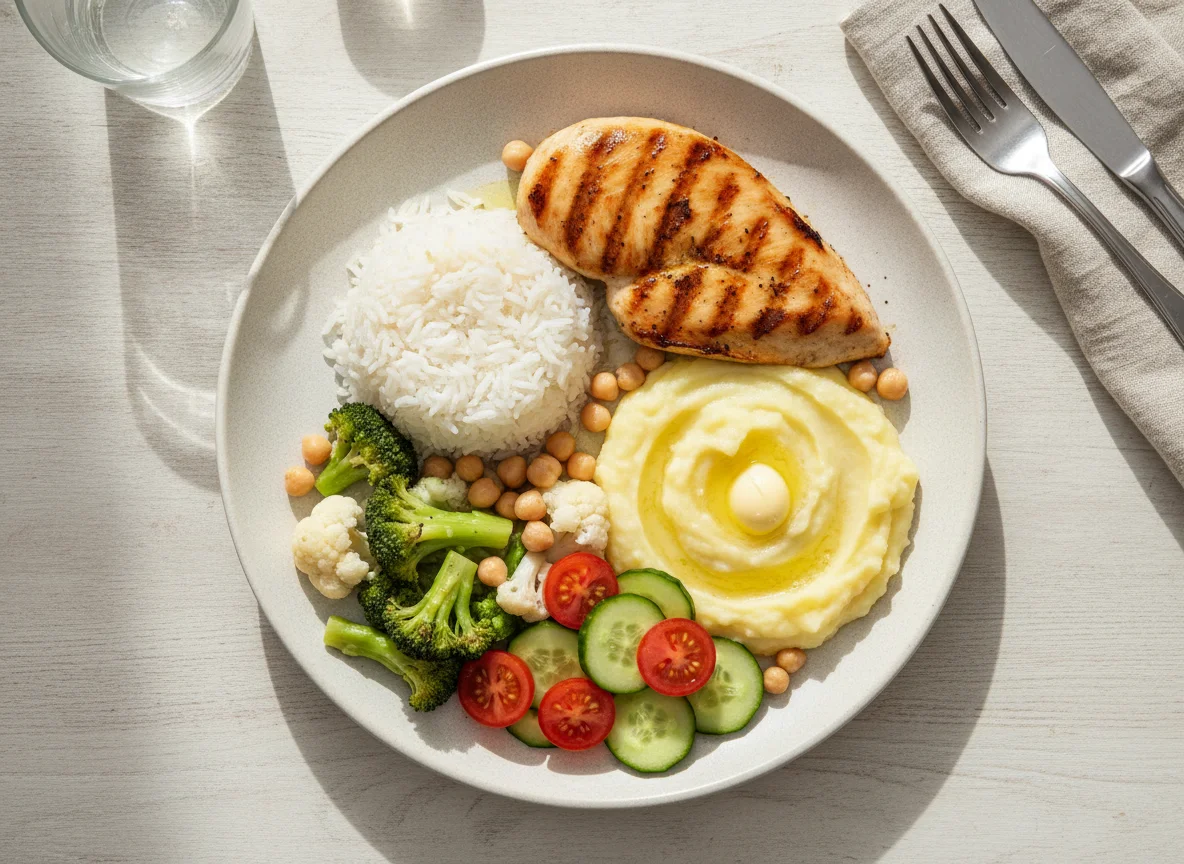 Pollo a la plancha con arroz, puré y vegetales photo