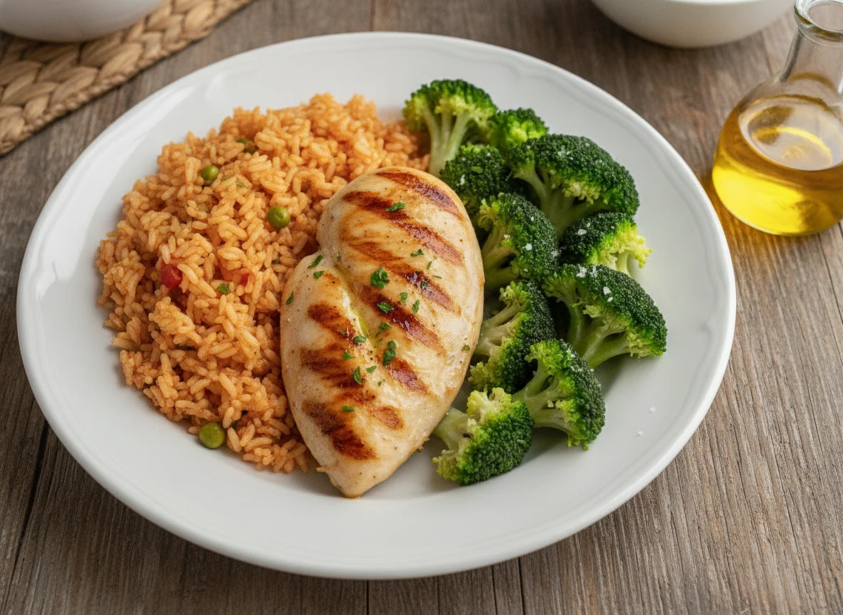 Pollo a la plancha con arroz rojo y brócoli photo