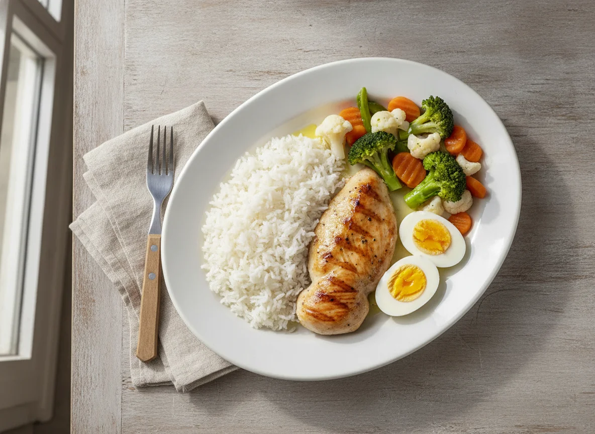 Pollo a la plancha con arroz, vegetales y huevo duro photo