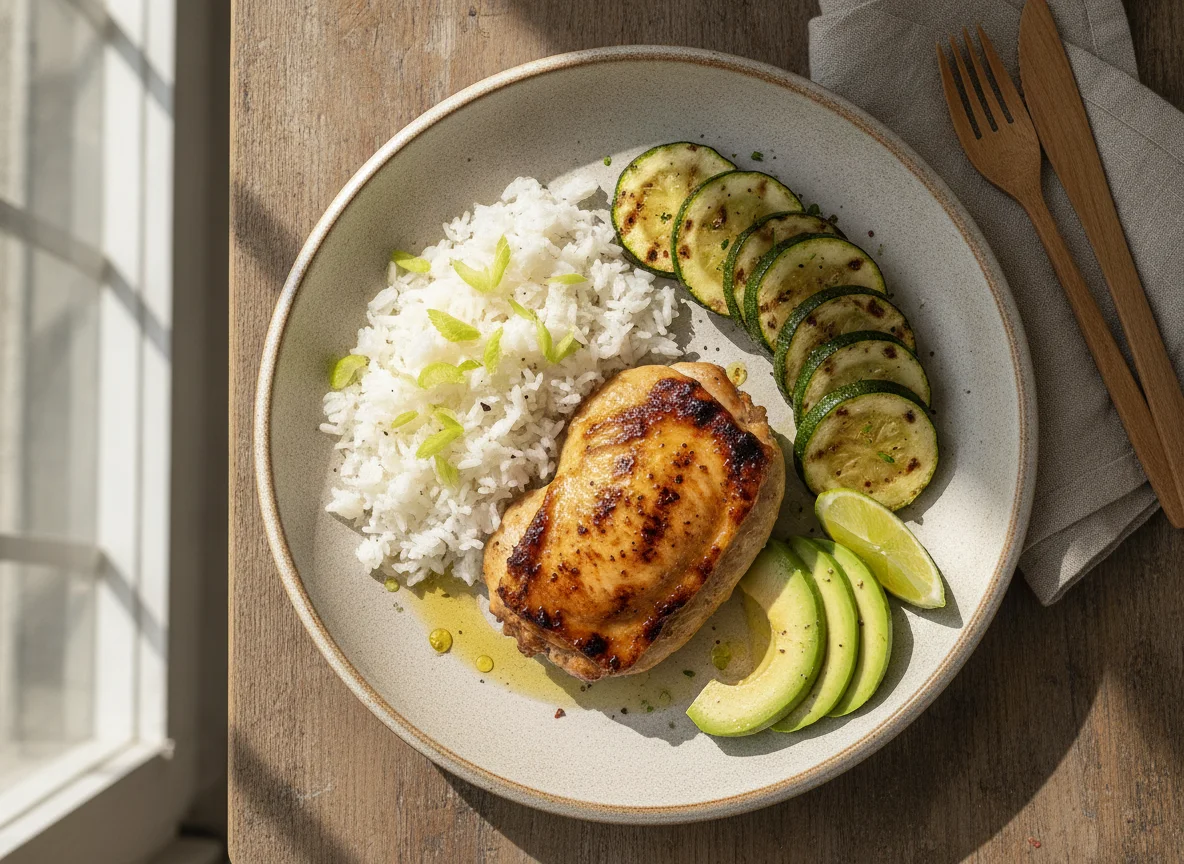 Pollo a la plancha con arroz y calabacitas photo