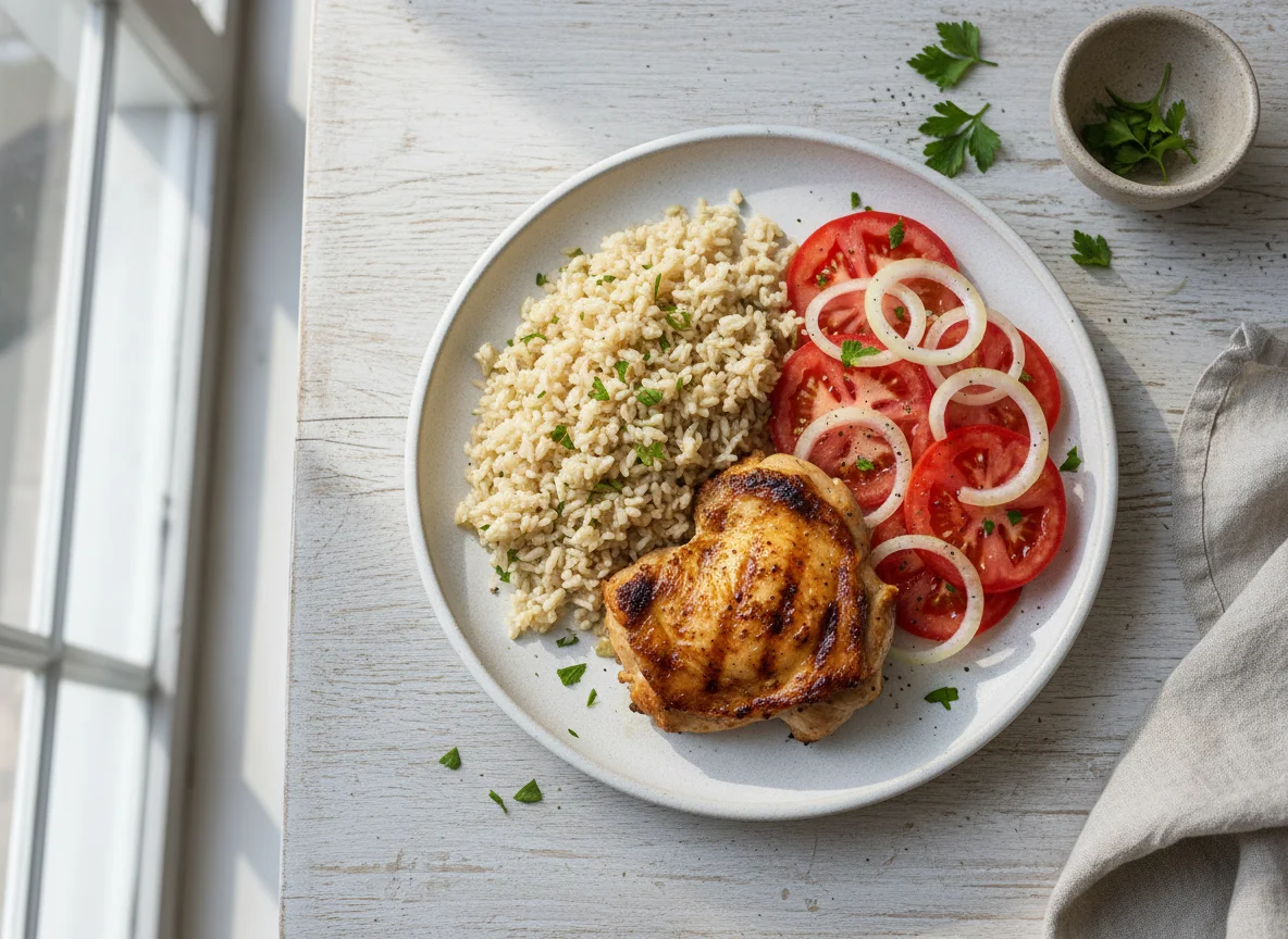 Pollo a la plancha con arroz y ensalada photo