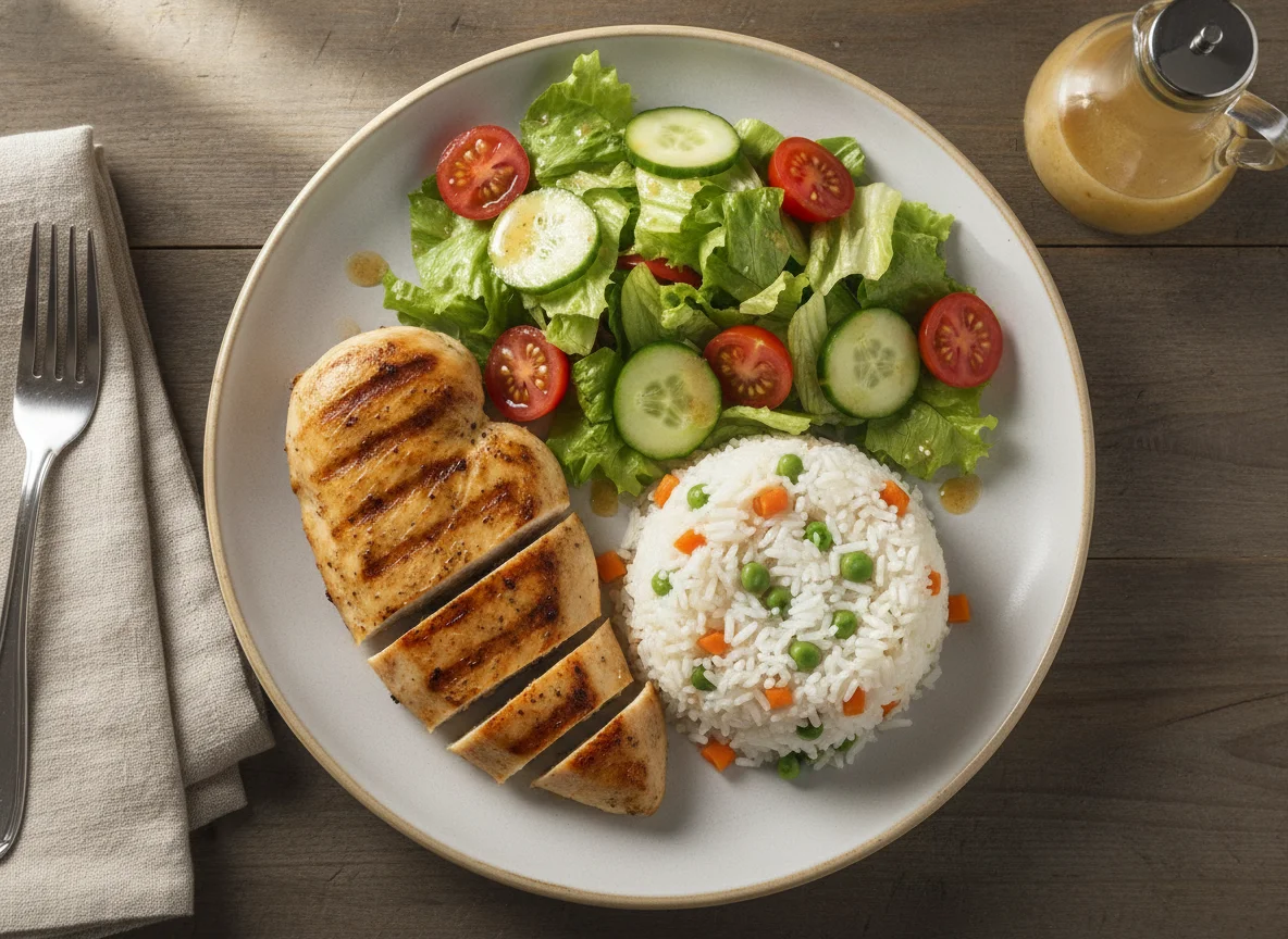 Pollo a la plancha con arroz y ensalada fresca photo