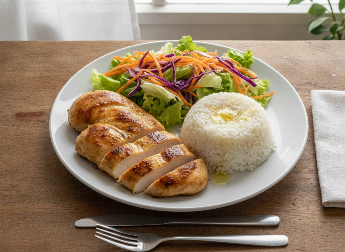 Pollo a la plancha con arroz y ensalada mixta photo