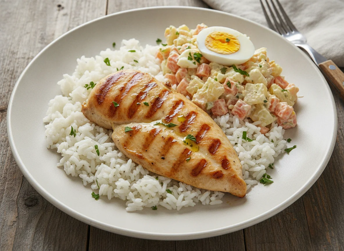 Pollo a la plancha con arroz y ensalada rusa photo