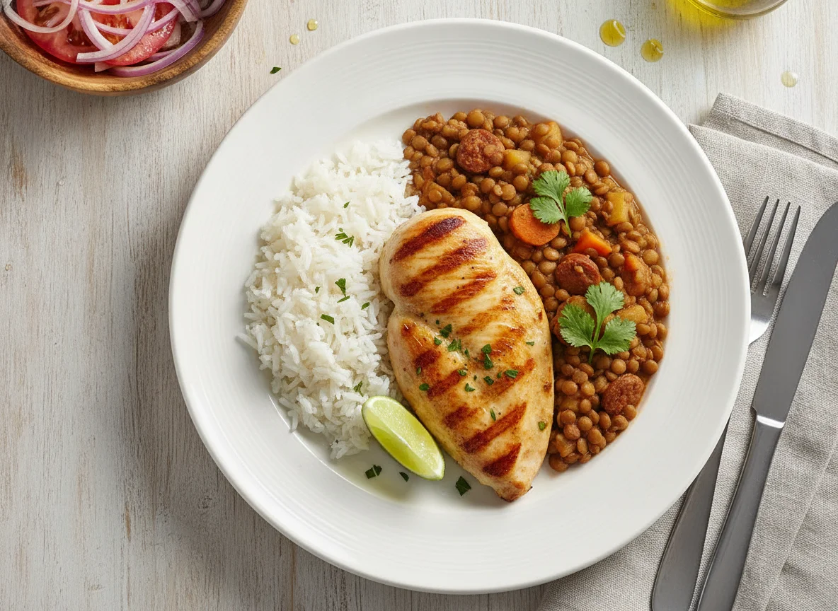 Pollo a la plancha con arroz y lentejas photo