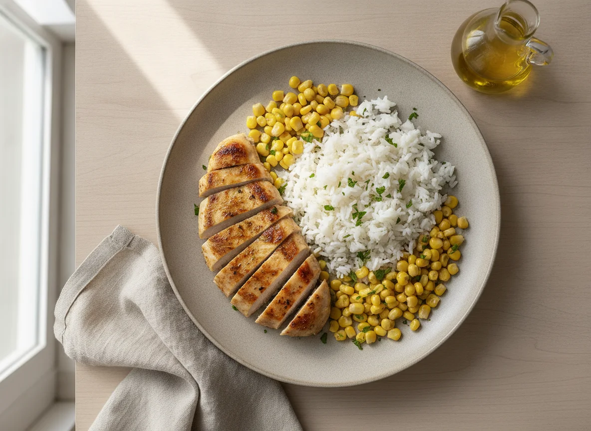 Pollo a la plancha con arroz y maíz photo