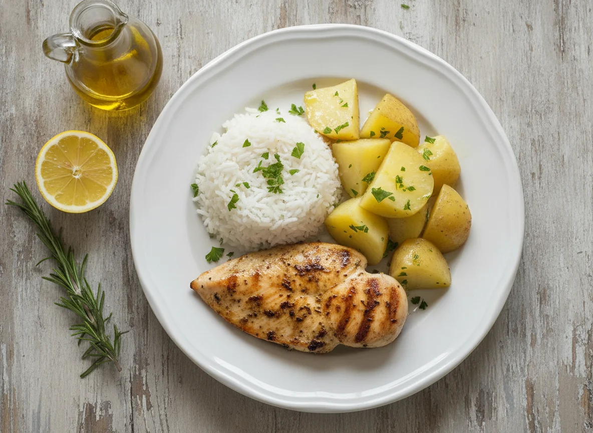 Pollo a la plancha con arroz y papa photo