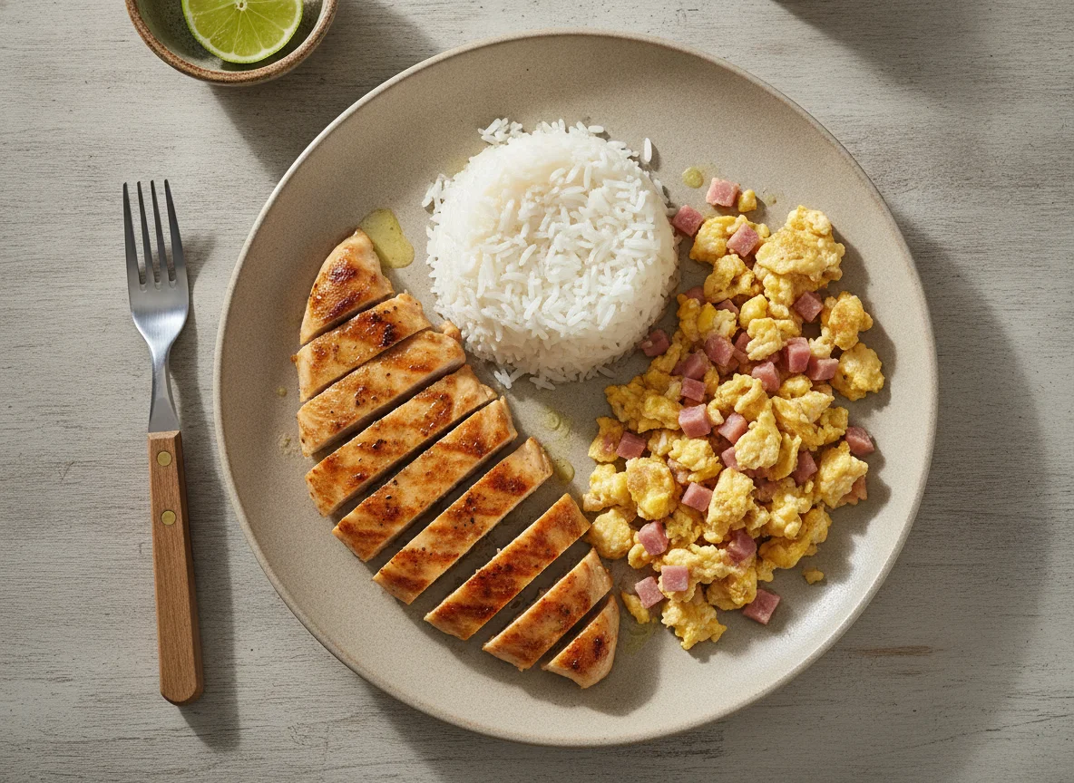 Pollo a la plancha con arroz y revoltillo de jamón photo