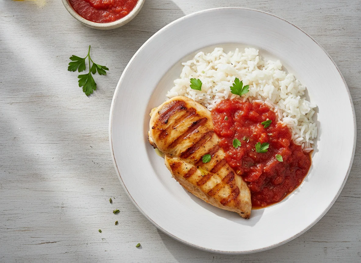Pollo a la plancha con arroz y salsa de tomate photo