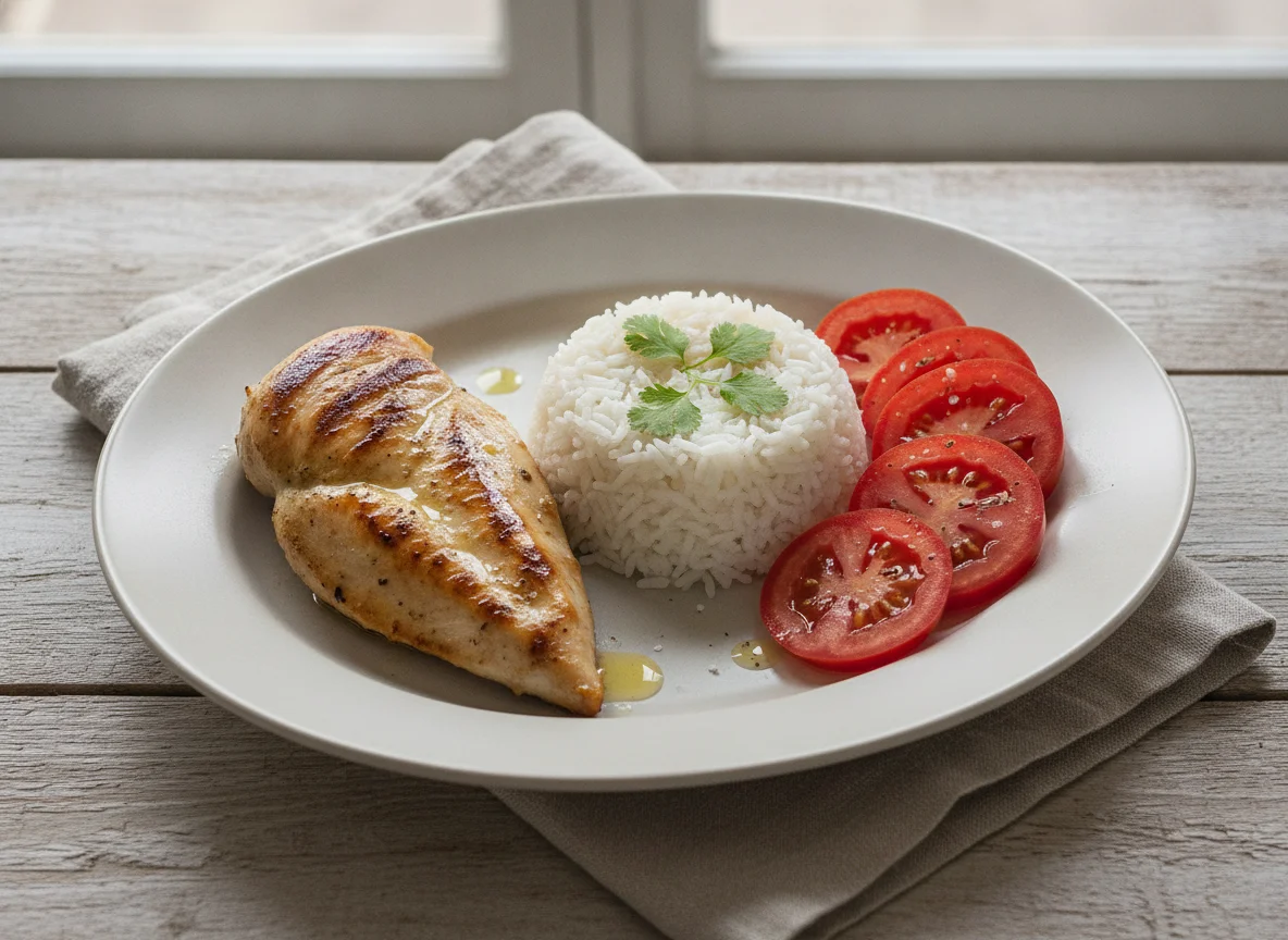 Pollo a la plancha con arroz y tomate photo