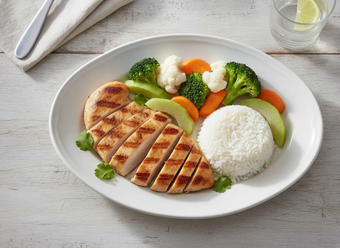 Pollo a la plancha con arroz y vegetales al vapor photo