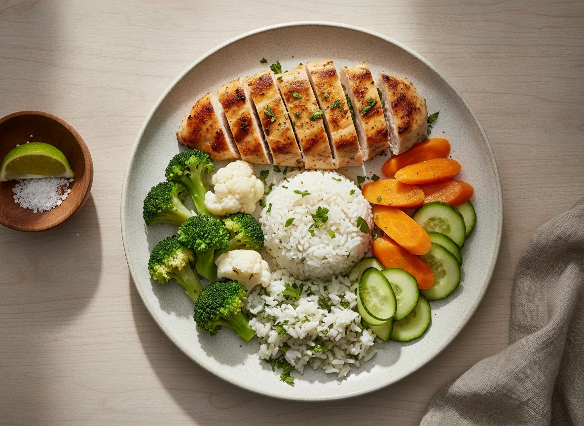 Pollo a la plancha con arroz y vegetales photo