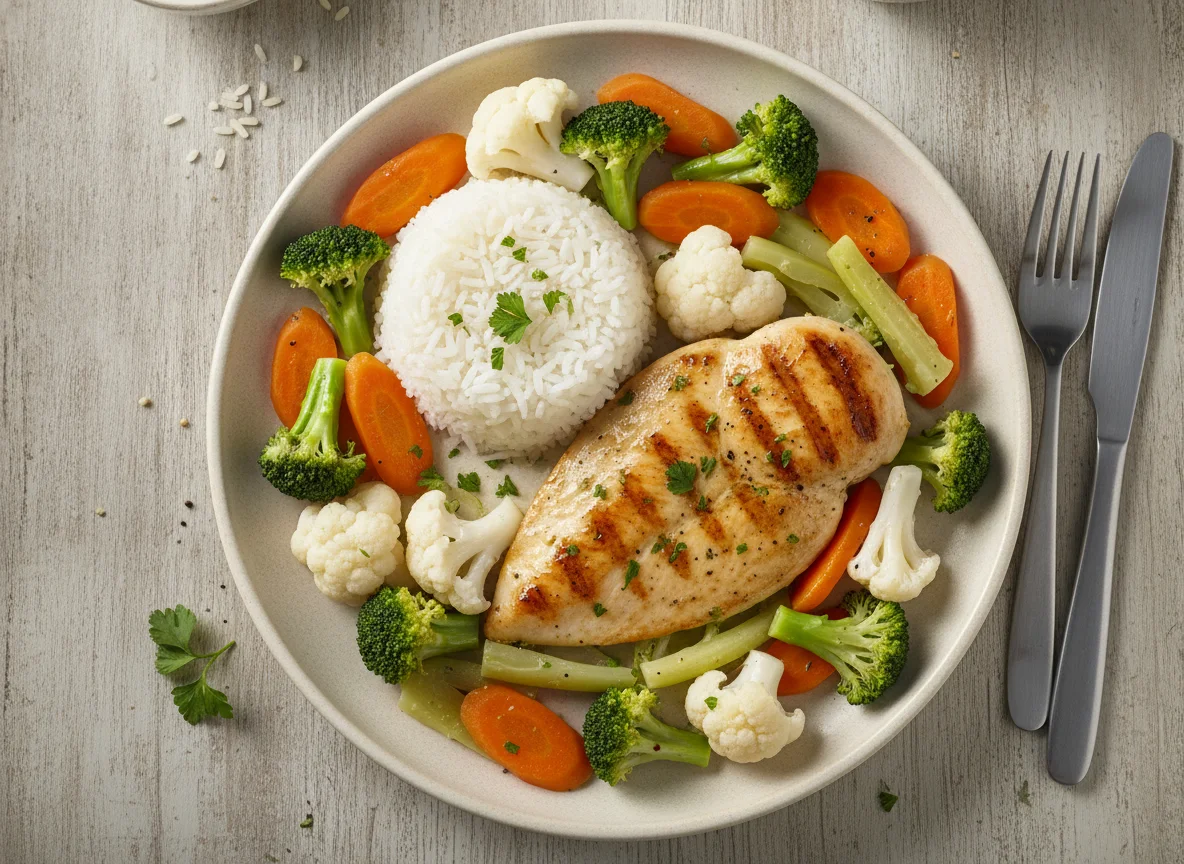 Pollo a la plancha con arroz y verduras al vapor photo