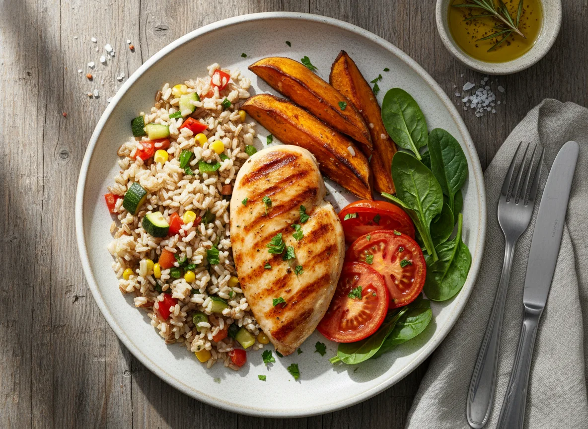 Pollo a la plancha con arroz y verduras, y boniato photo