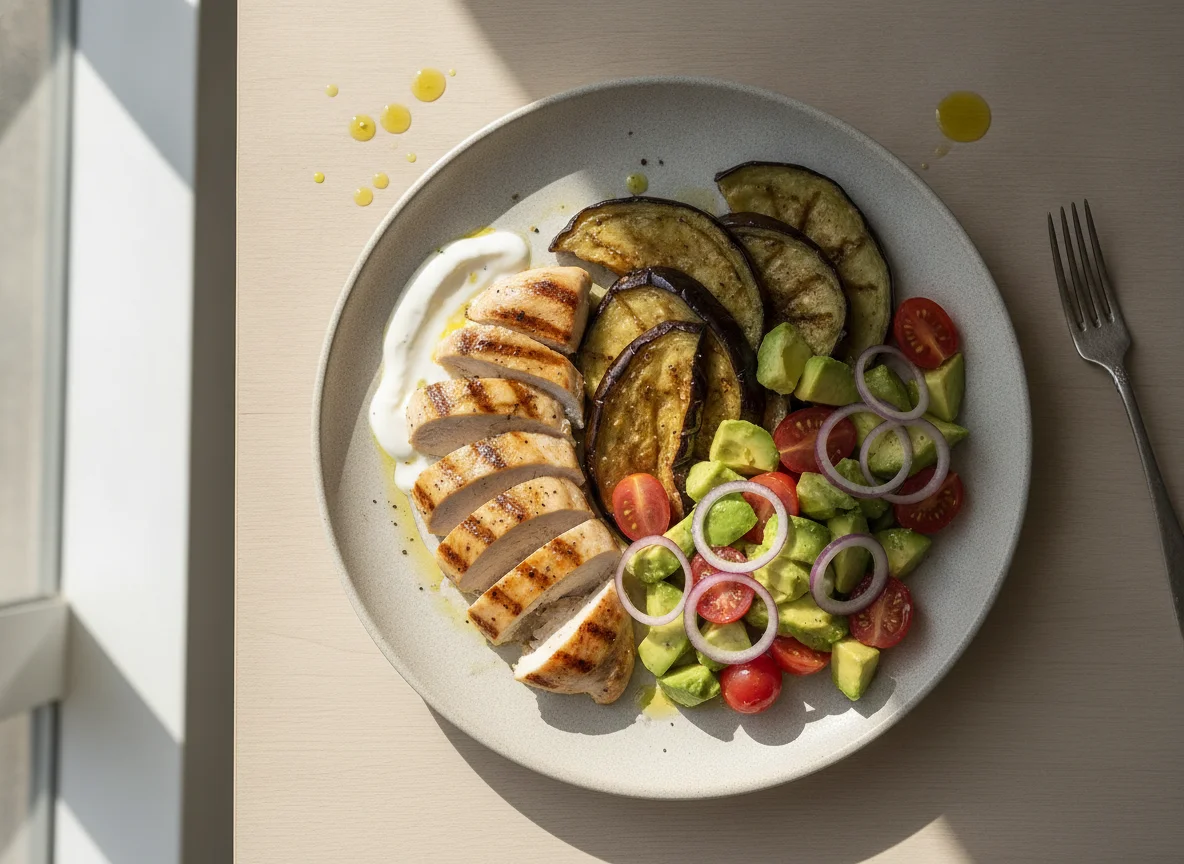 Pollo a la plancha con berenjena asada y ensalada de aguacate photo