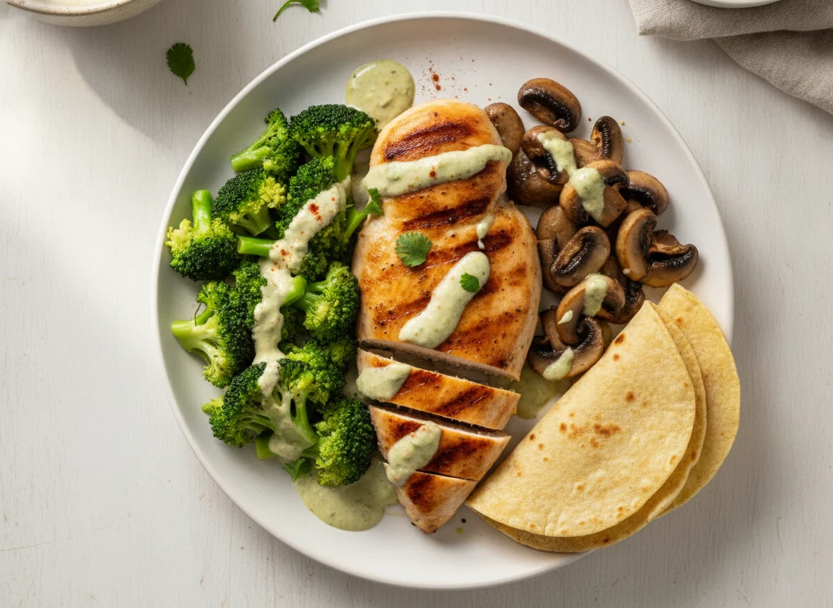 Pollo a la plancha con brócoli y champiñones photo