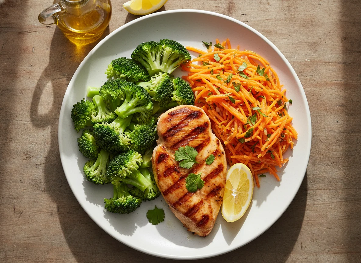 Pollo a la plancha con brócoli y ensalada de zanahoria photo