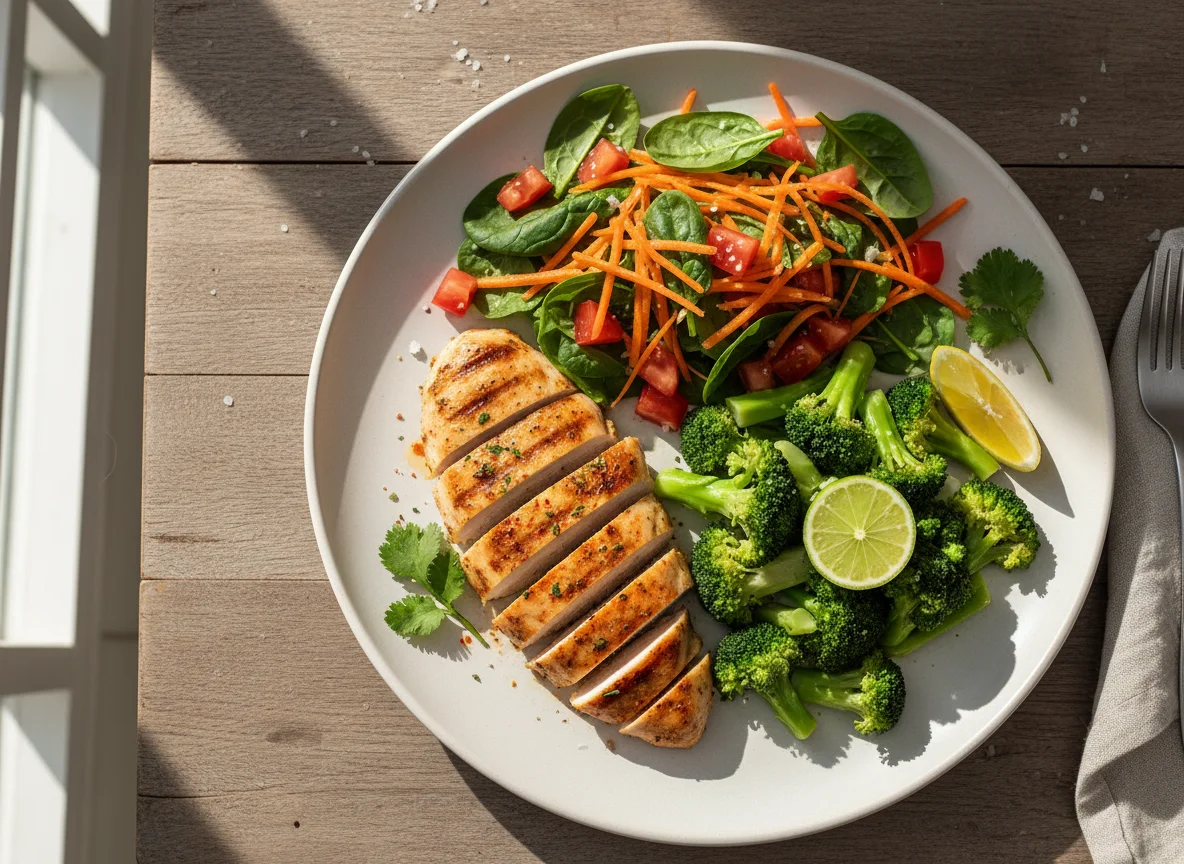 Pollo a la plancha con brócoli y ensalada photo