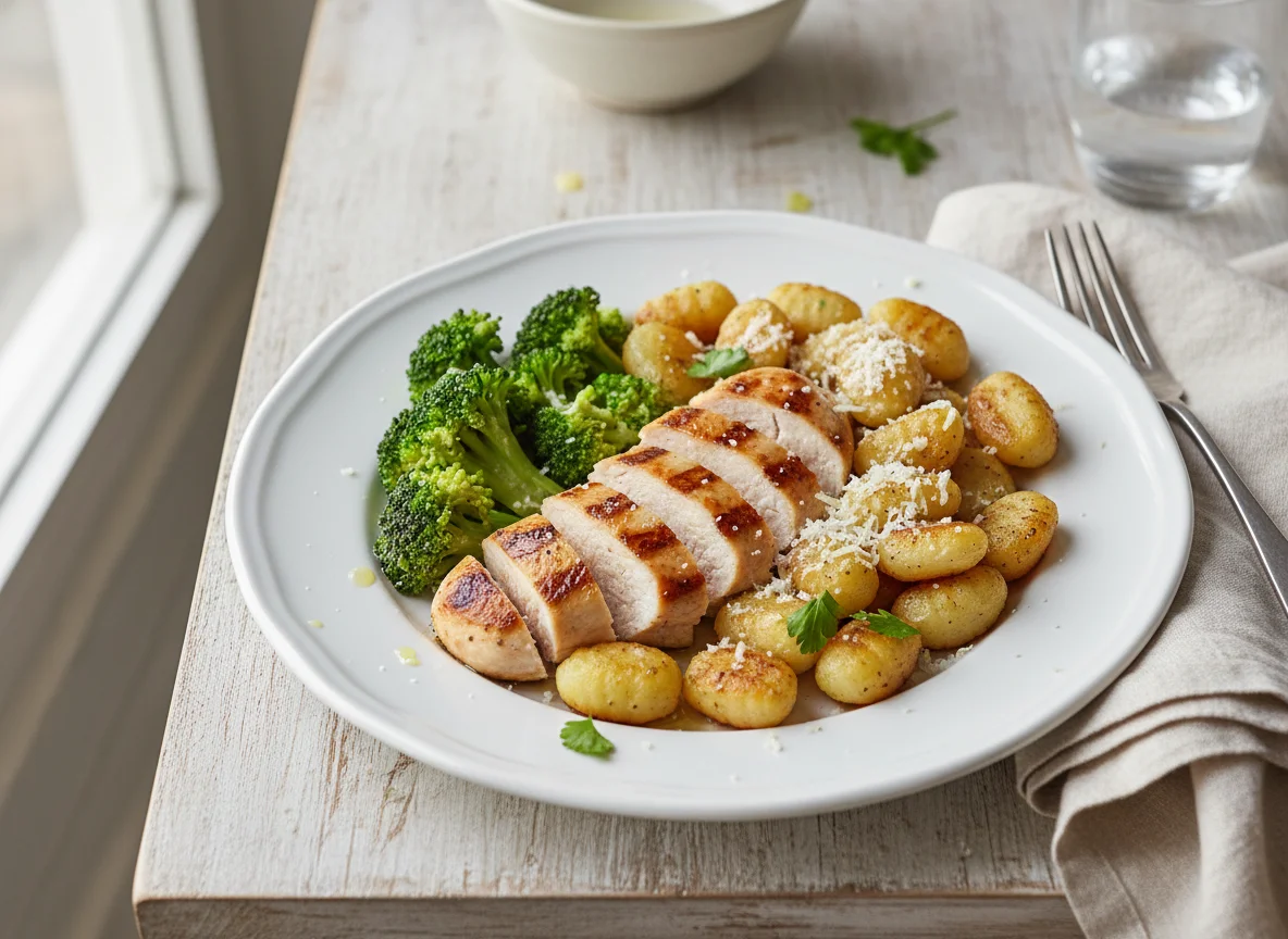 Pollo a la plancha con brócoli y ñoquis photo