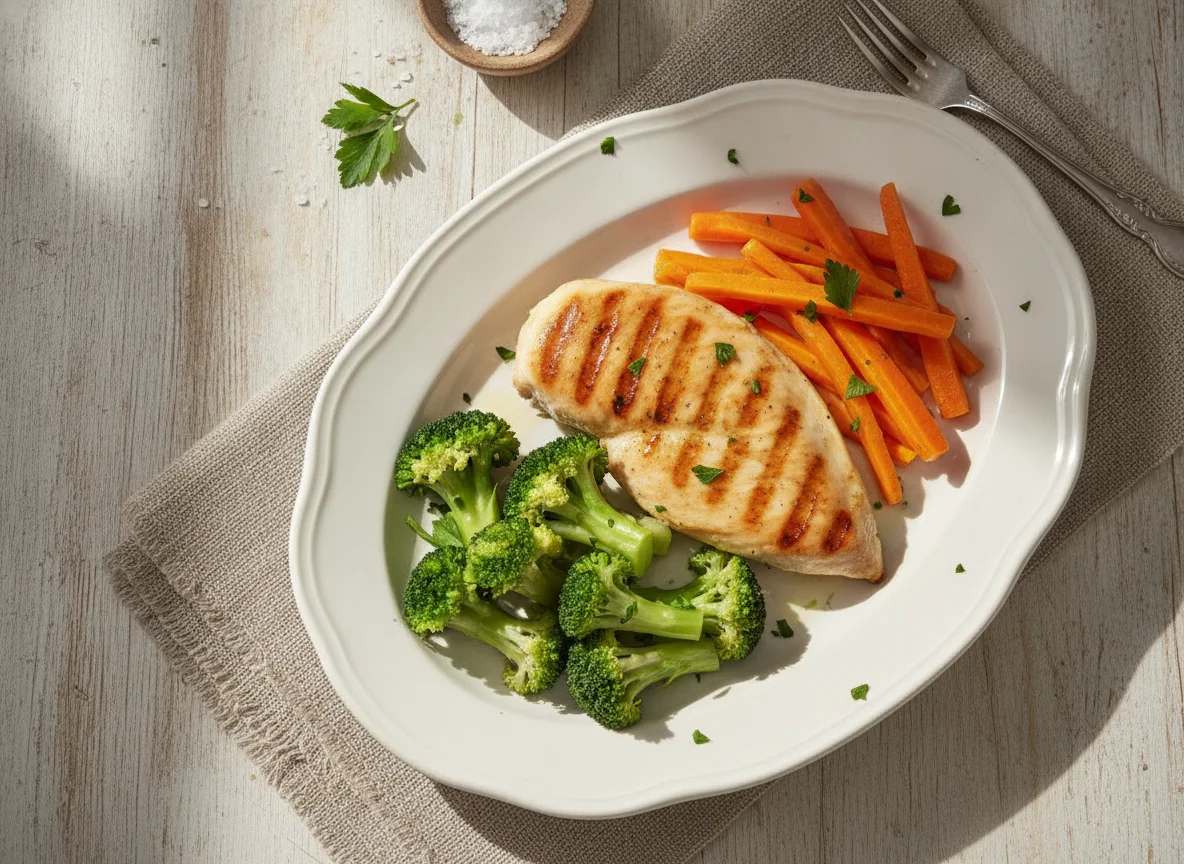 Pollo a la plancha con brócoli y zanahorias photo