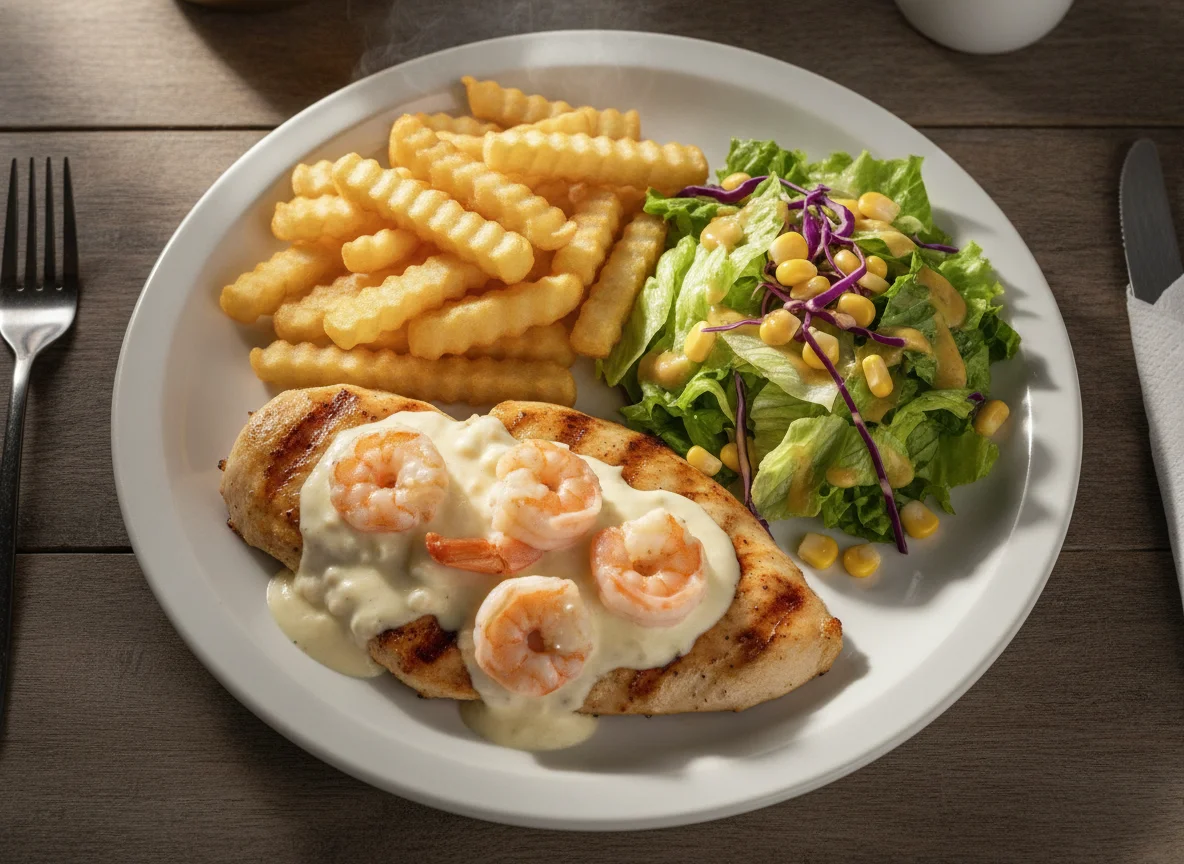 Pollo a la plancha con camarones en salsa blanca, papas fritas y ensalada photo