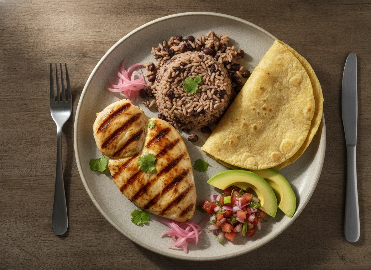 Pollo a la plancha con casamiento y tortilla photo