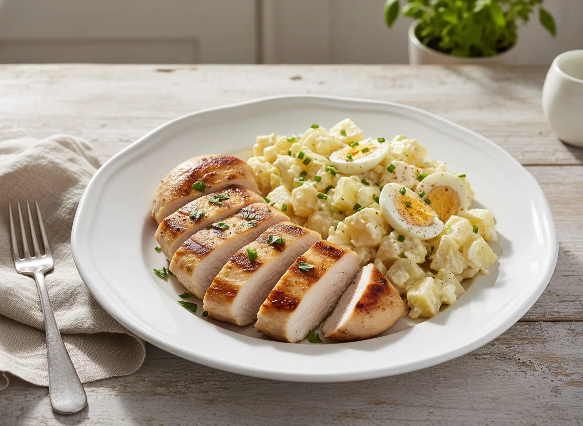 Pollo a la plancha con ensalada de papa y huevo photo