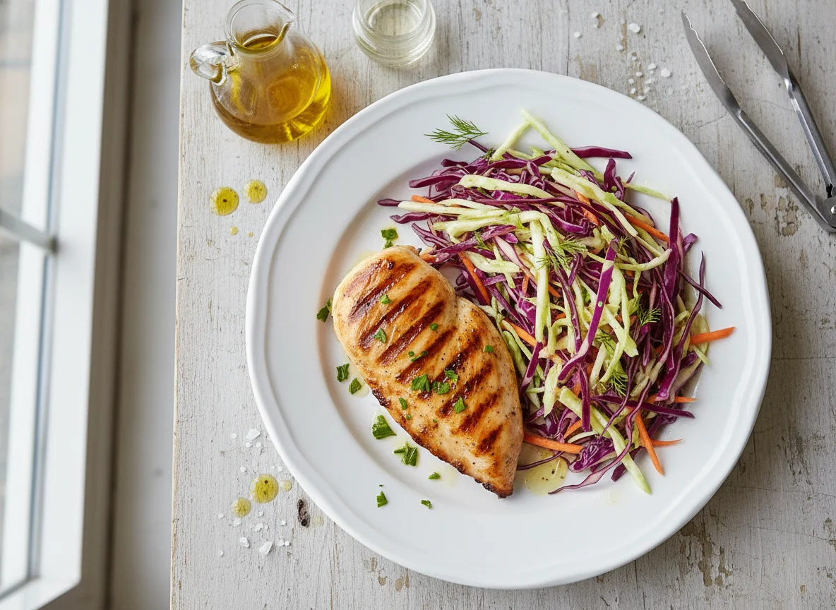 Pollo a la plancha con ensalada de repollo y zanahoria photo