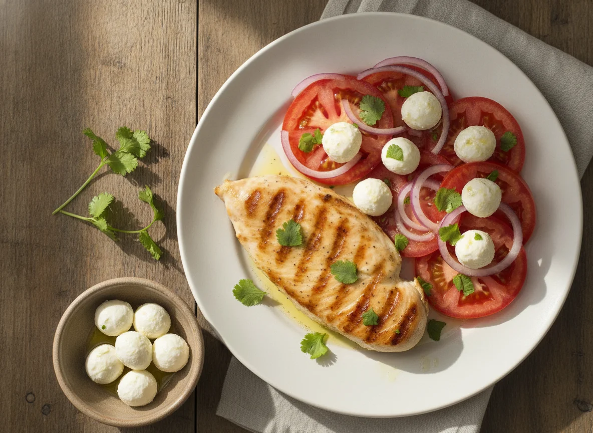 Pollo a la plancha con ensalada de tomate y cebolla y queso photo