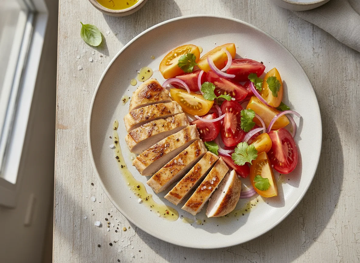 Pollo a la plancha con ensalada de tomates photo