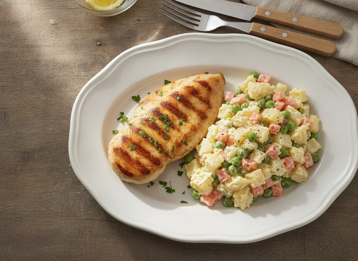 Pollo a la plancha con ensalada rusa photo