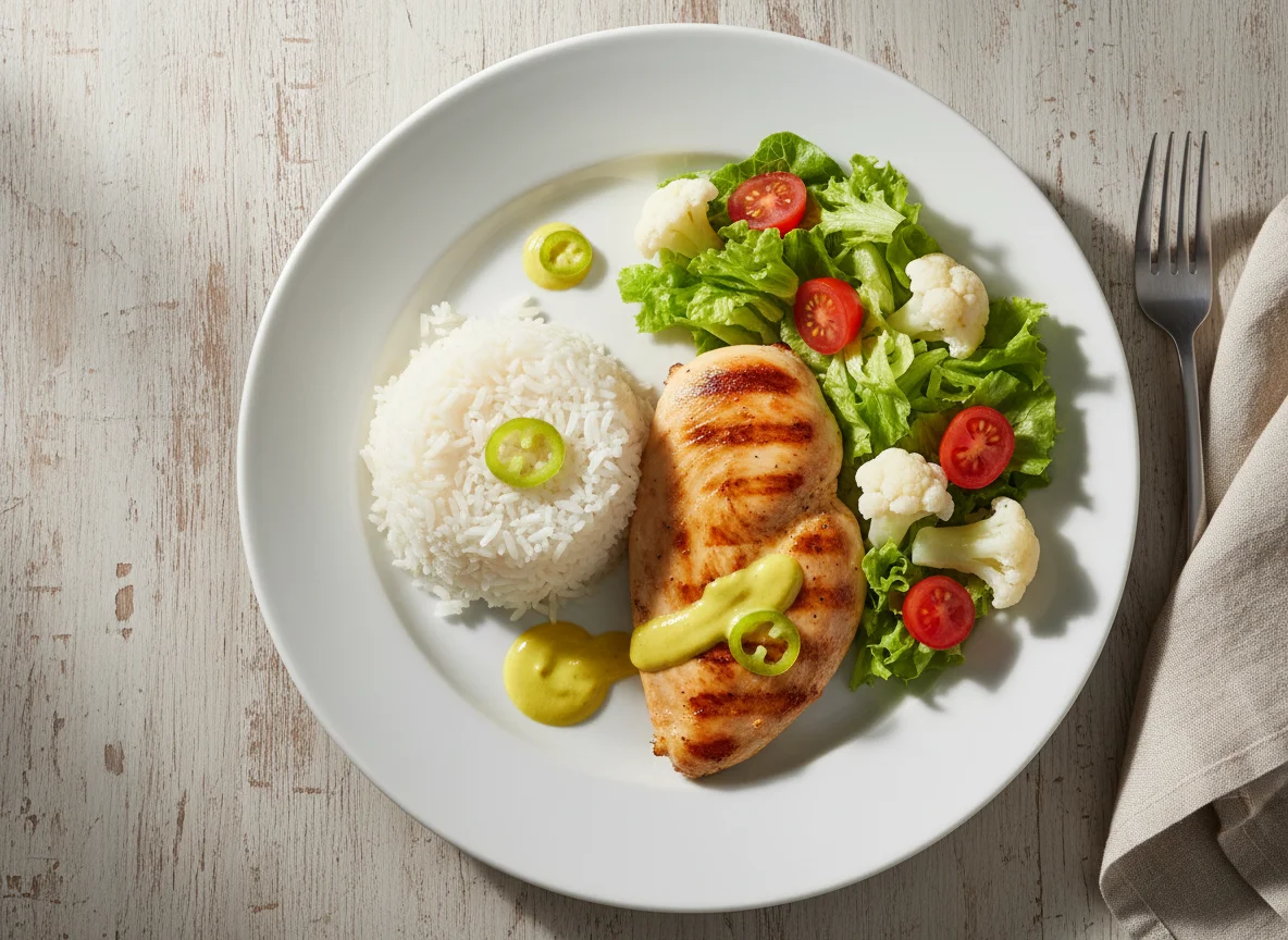 Pollo a la plancha con ensalada y arroz photo