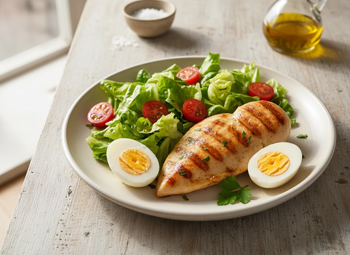 Pollo a la plancha con ensalada y huevos duros photo