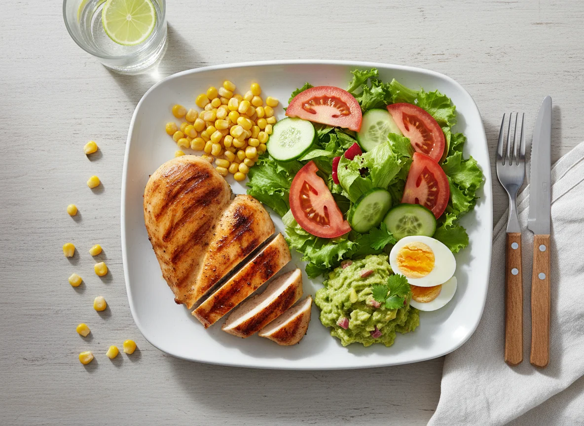 Pollo a la plancha con ensalada y maíz photo